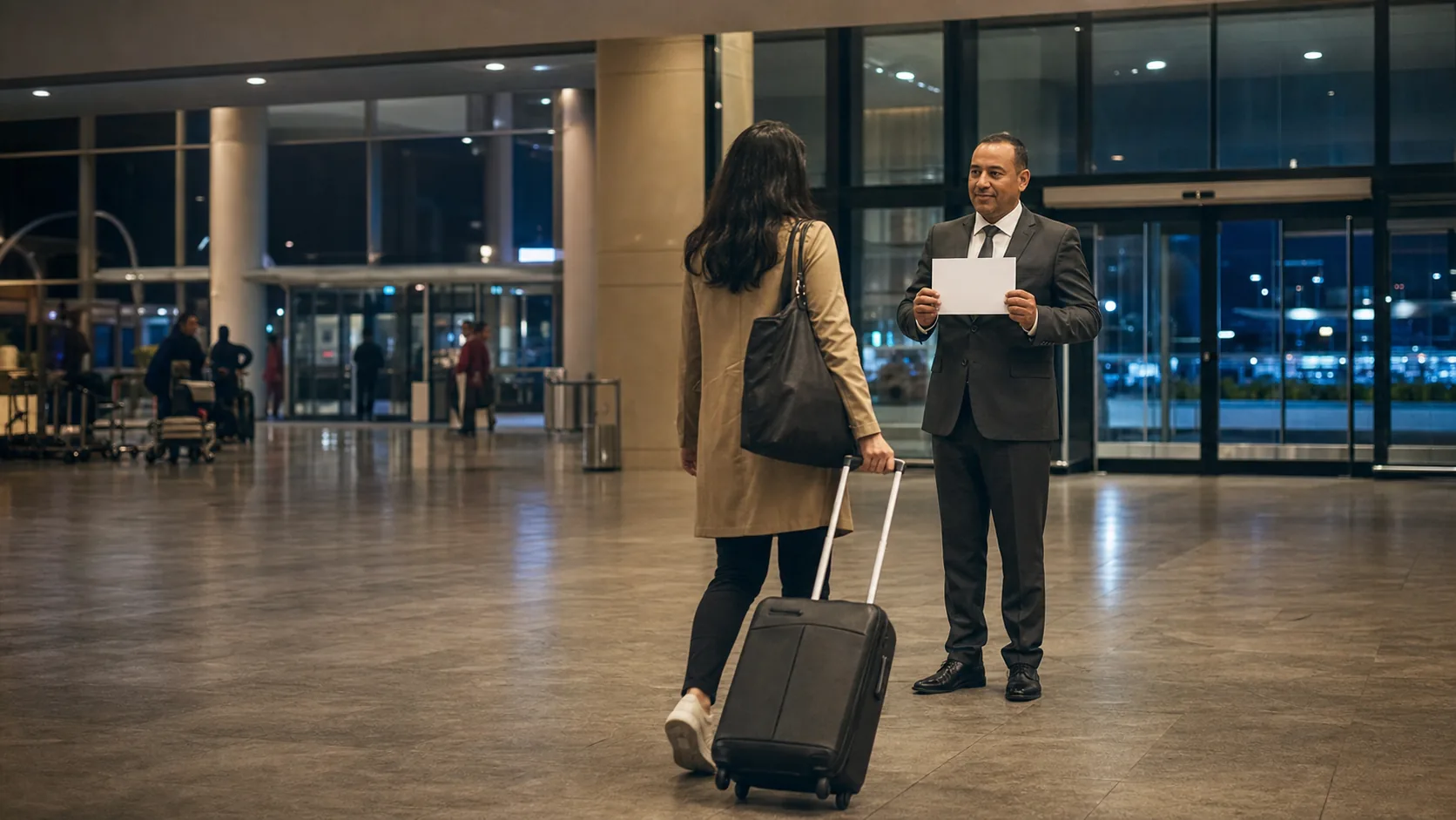 Private chauffeur welcoming a late-night traveller at Casablanca airport